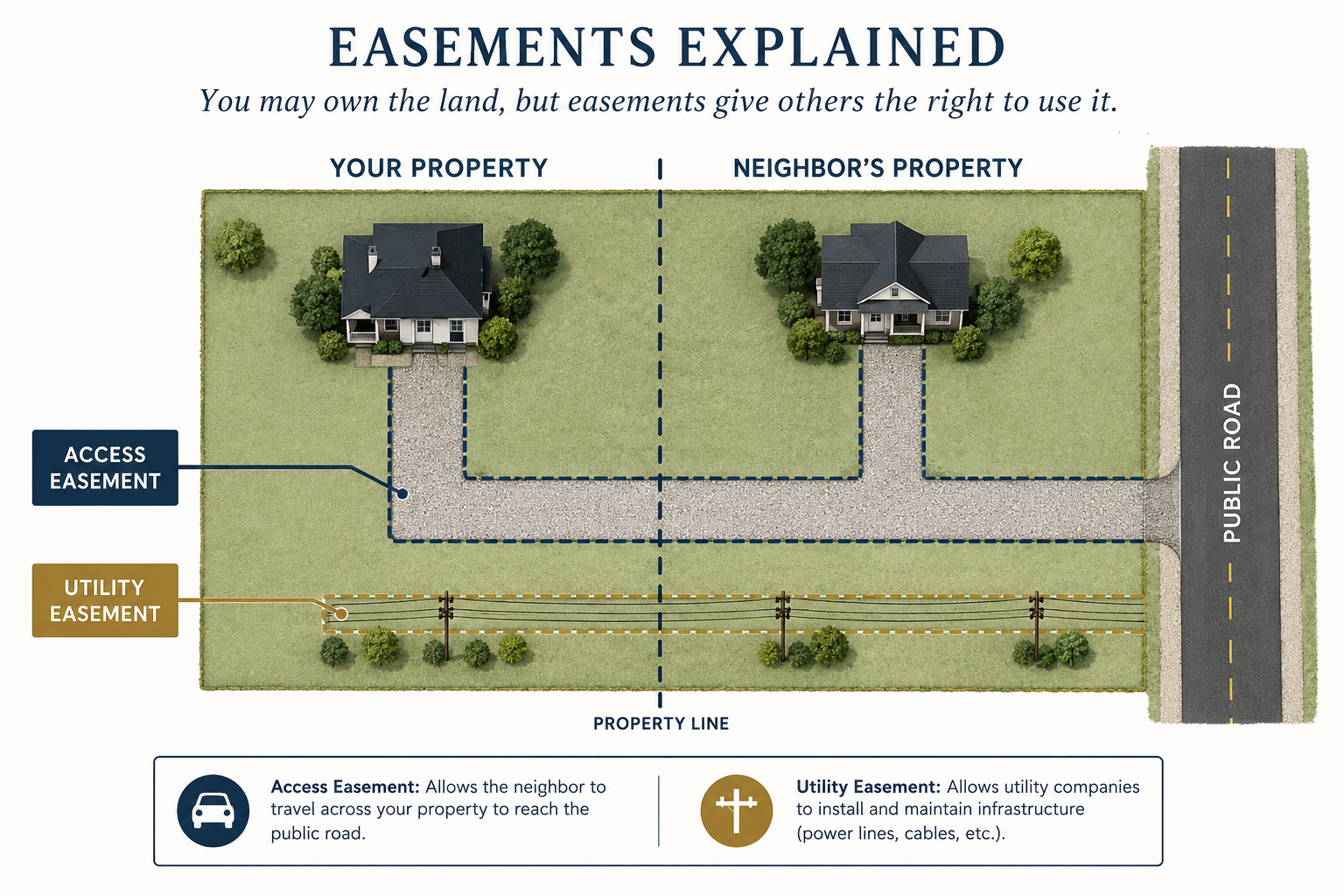 Diagram explaining access and utility easements between neighboring properties